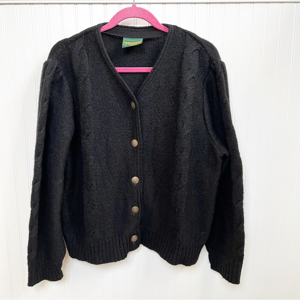 Geiger Collection Black Cable Knit Detail Button Up Mohair Cardigan Sweater 42